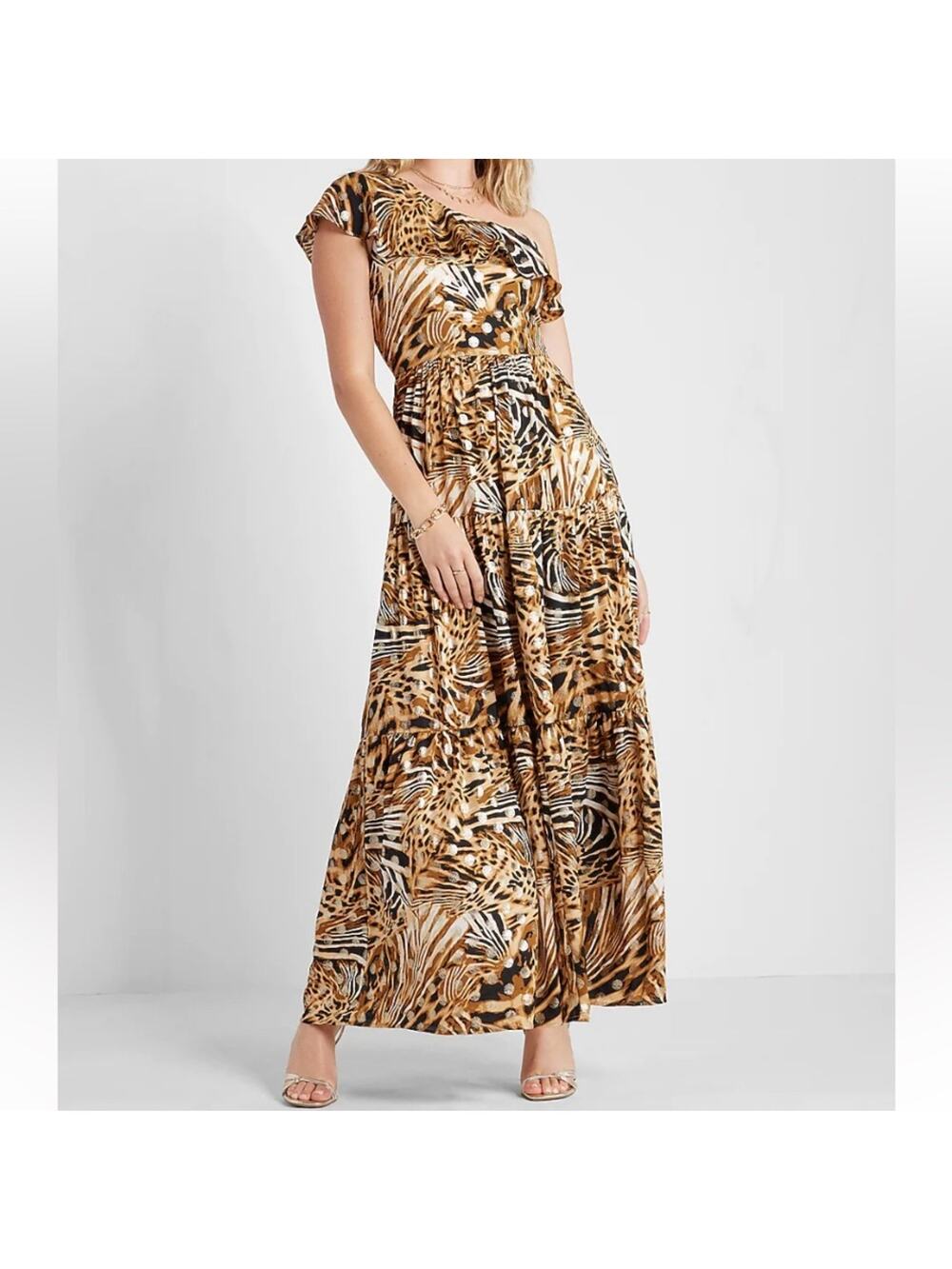 NWT Rachel Zoe X Express Metallic Animal Print One Shoulder Maxi Dress